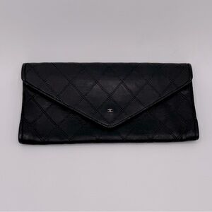 Chanel Quilted Black Leather Long Wallet w/ Silver CC - Authentic!
